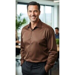 Men's FLEX Brown Long Sleeve Button Down Dress Shirt XL